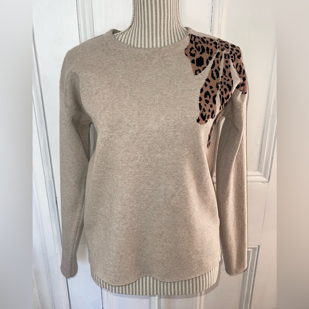 Rachel Zoe Beige Knit Top with Leopard Bow